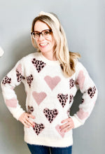 Load image into Gallery viewer, CREW NECK HAIRY SWEATER WITH LEOPARD HEARTS