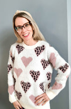 Load image into Gallery viewer, CREW NECK HAIRY SWEATER WITH LEOPARD HEARTS