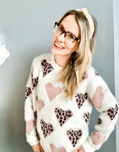 Load image into Gallery viewer, CREW NECK HAIRY SWEATER WITH LEOPARD HEARTS