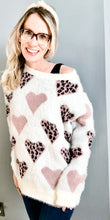 Load image into Gallery viewer, CREW NECK HAIRY SWEATER WITH LEOPARD HEARTS