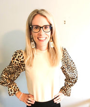 Load image into Gallery viewer, LEOPARD SLEEVE MOCK NECK KNIT TOP