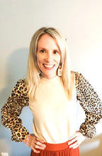 Load image into Gallery viewer, LEOPARD SLEEVE MOCK NECK KNIT TOP